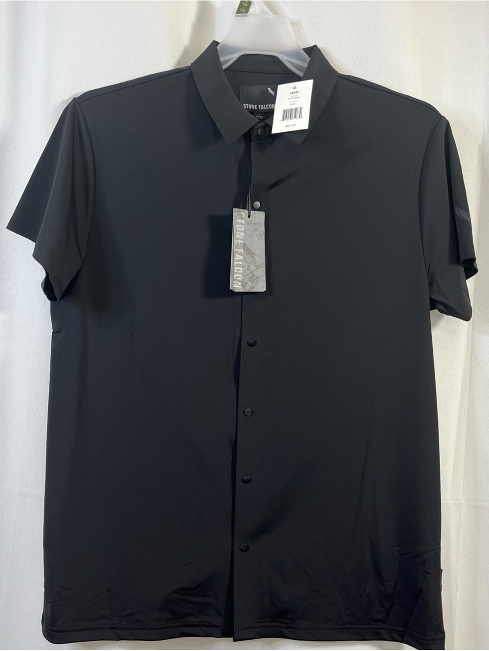 NWT Stone Falcon Polo Shirt Mens Large Black Collared Snap Button Nylon Stretch